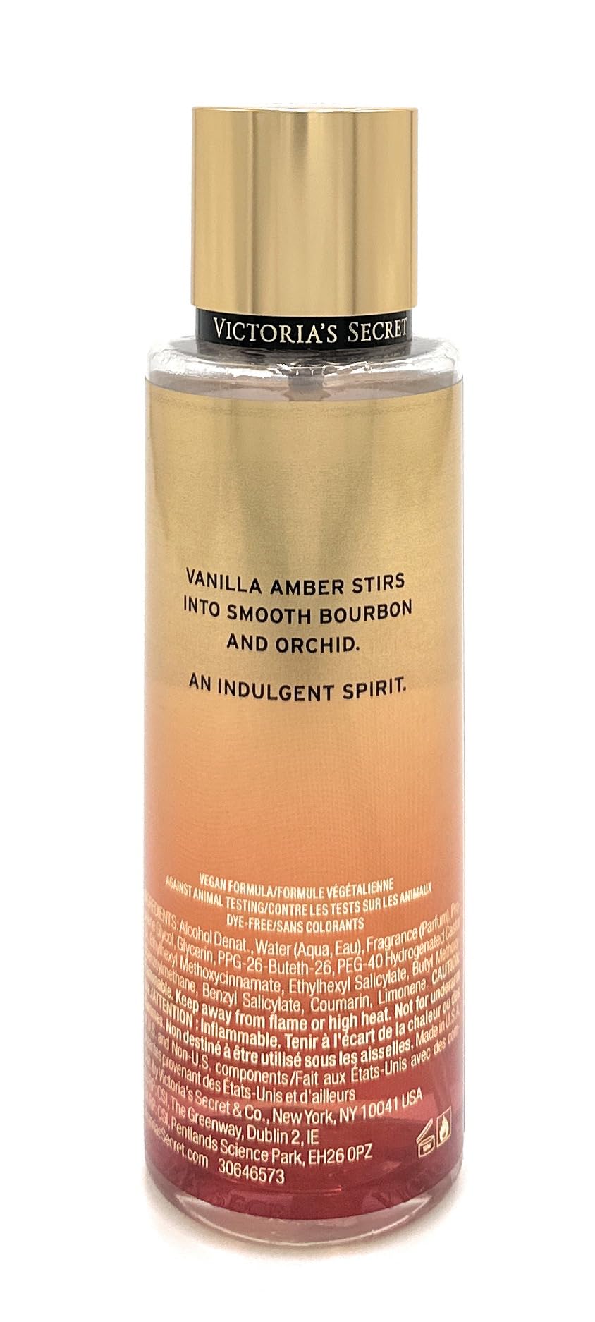 Victoria's Secret Fragrance Body Mist Vanilla Amber Bourbon packaging suitable for travel.