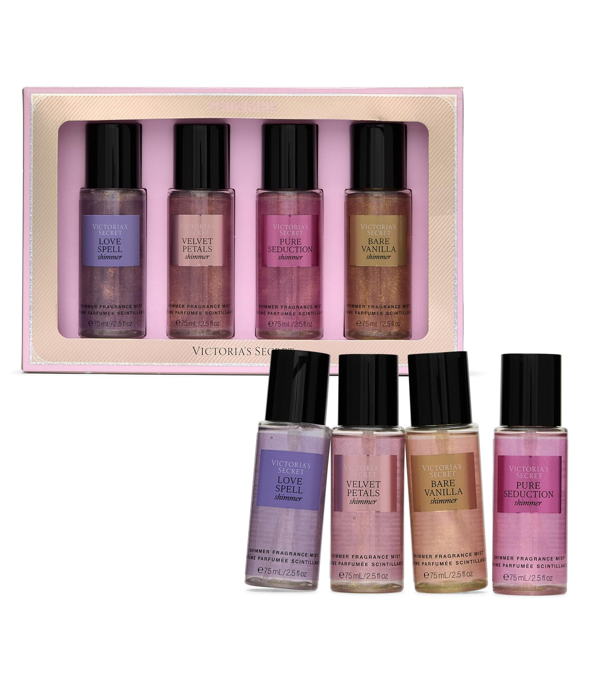 Victoria's Secret Velvet Petals fragrance mist bottle shines with shimmer for a rosy mood boost.