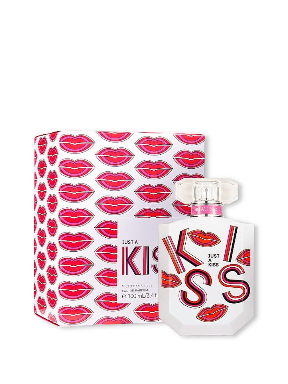 Victoria's Secret Just A Kiss bottle close-up, highlighting fresh floral notes for daily wear.