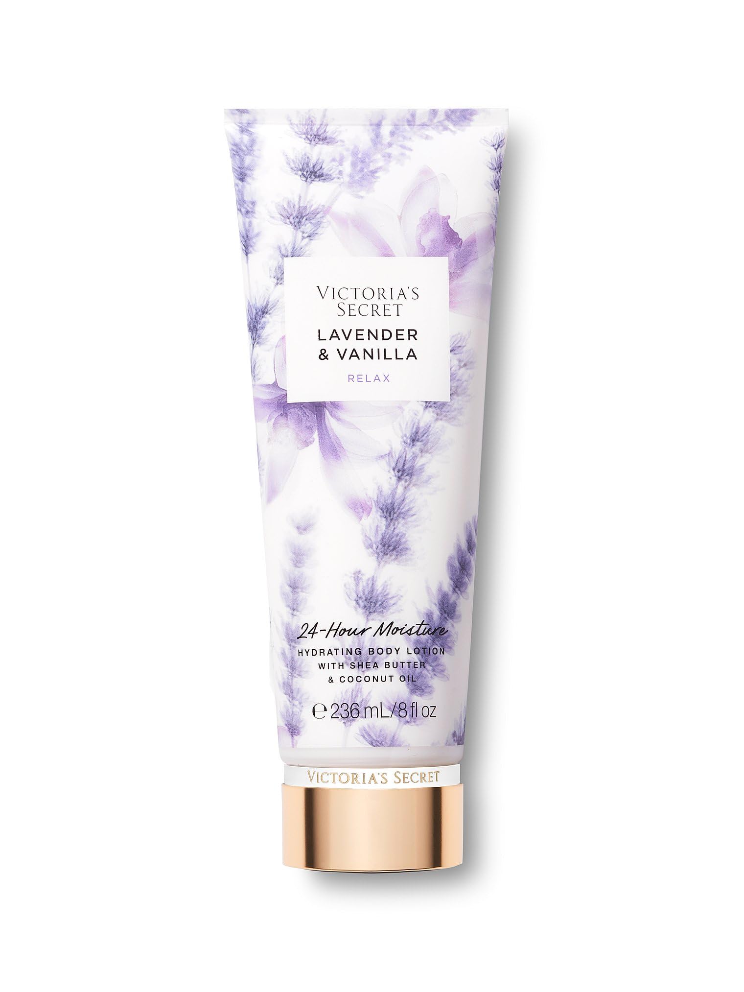 Victoria's Secret Lavender Vanilla lotion bottle delivering daily moisture with calming floral-warm scent.