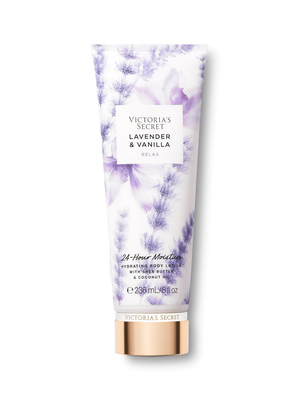 Victoria's Secret Lavender Vanilla lotion bottle delivering daily moisture with calming floral-warm scent.