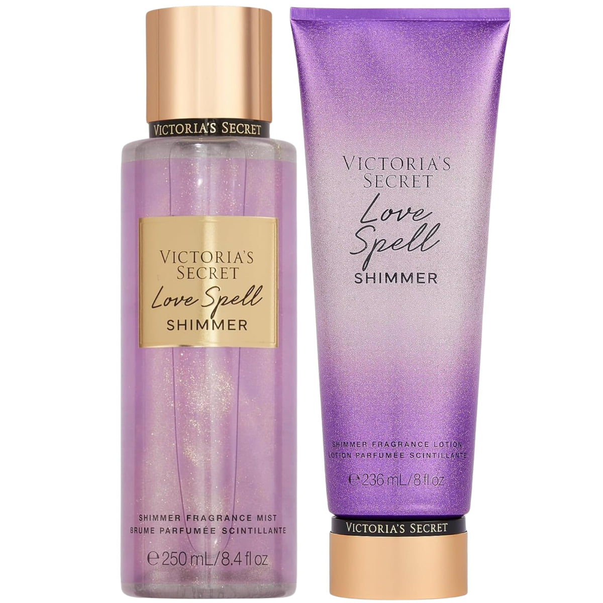 Victoria's Secret Love Spell Shimmer Mist bottle adds iridescent shimmer for radiant skin