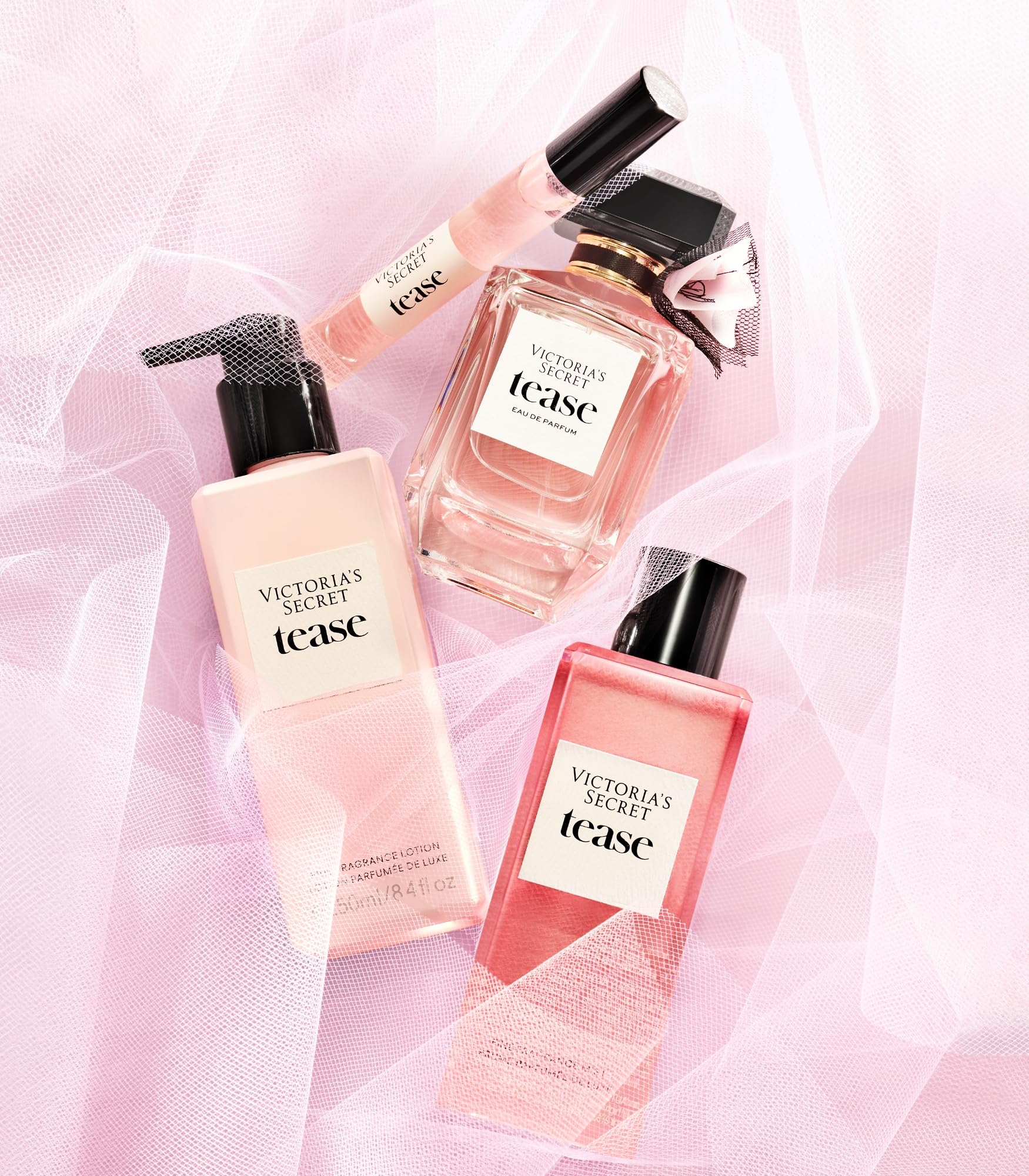 Victoria's Secret Noir Tease perfume collection close-up reveals refined bottle design.