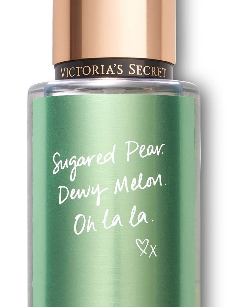 Closeup of Victoria's Secret Pear Glace spray highlighting pear notes and freshness.
