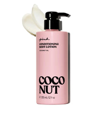 Victoria's Secret Pink Coco Hydrating Lotion bottle shows coconut oil hydration for smooth skin.