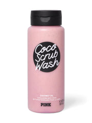 Victoria's Secret Pink Coco Scrub Wash bottle closeup with creamy lather and coconut scent.