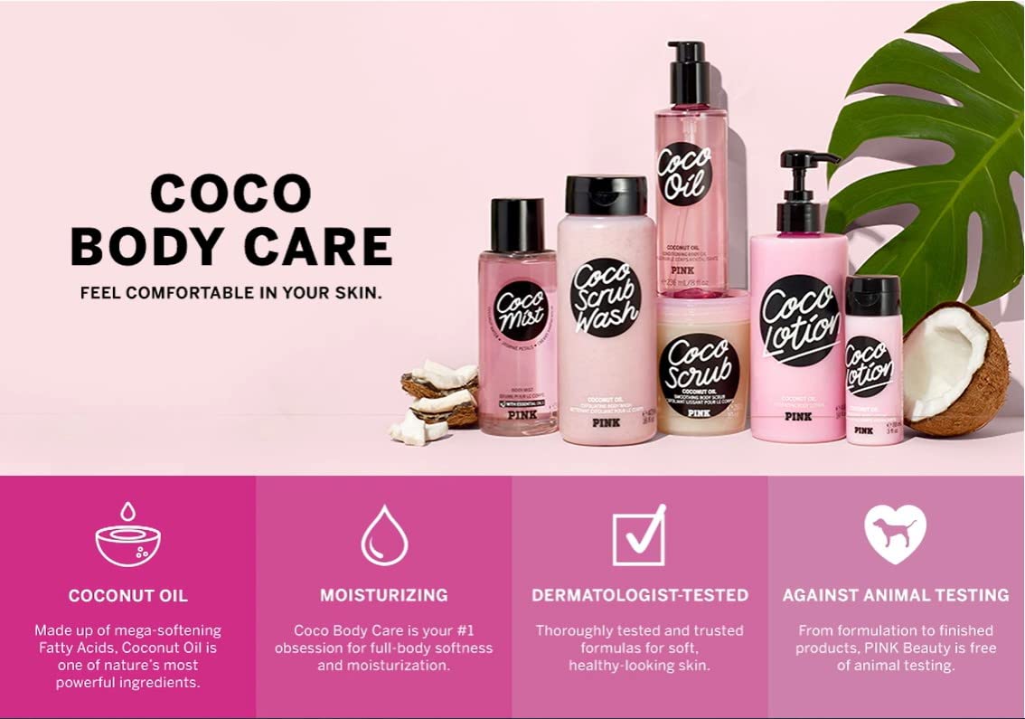 Victoria's Secret Pink Coco Scrub Wash dermatologist tested for skin-friendly use.