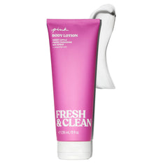 Victoria's Secret Pink Fresh and Clean lotion bottle on counter for everyday moisturization