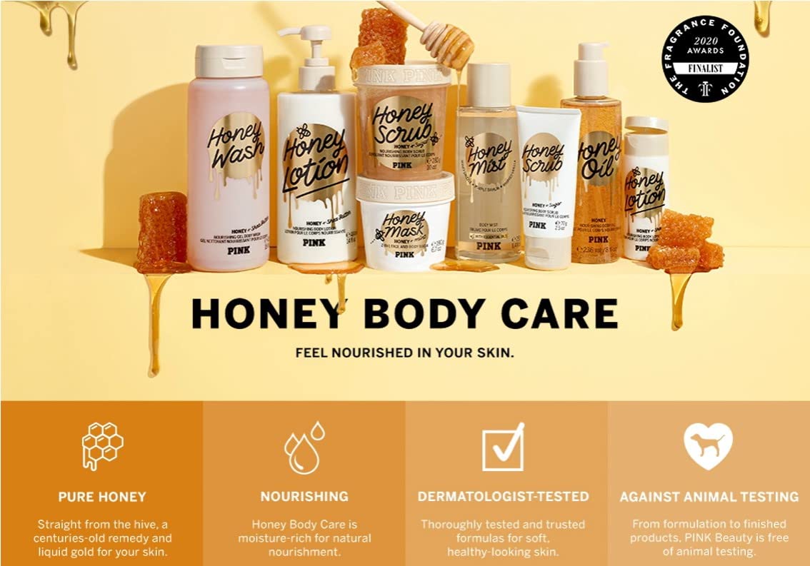 Victoria's Secret Pink Honey Nourishing Gel Body Wash packaging on shelf emphasizes recycled bottle.