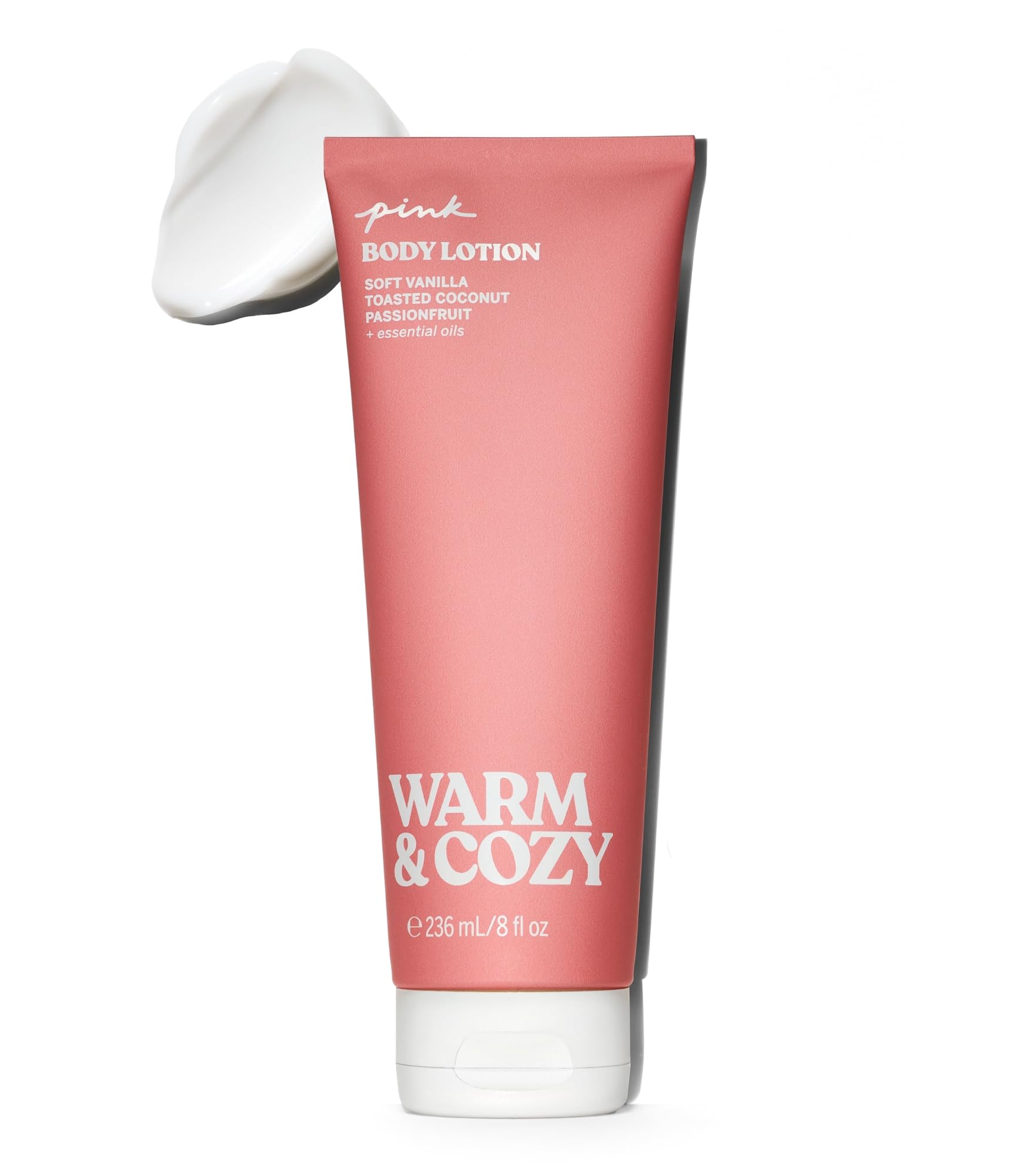Victoria's Secret PINK Warm & Cozy lotion bottle with vanilla coconut aroma for daily fragrance.