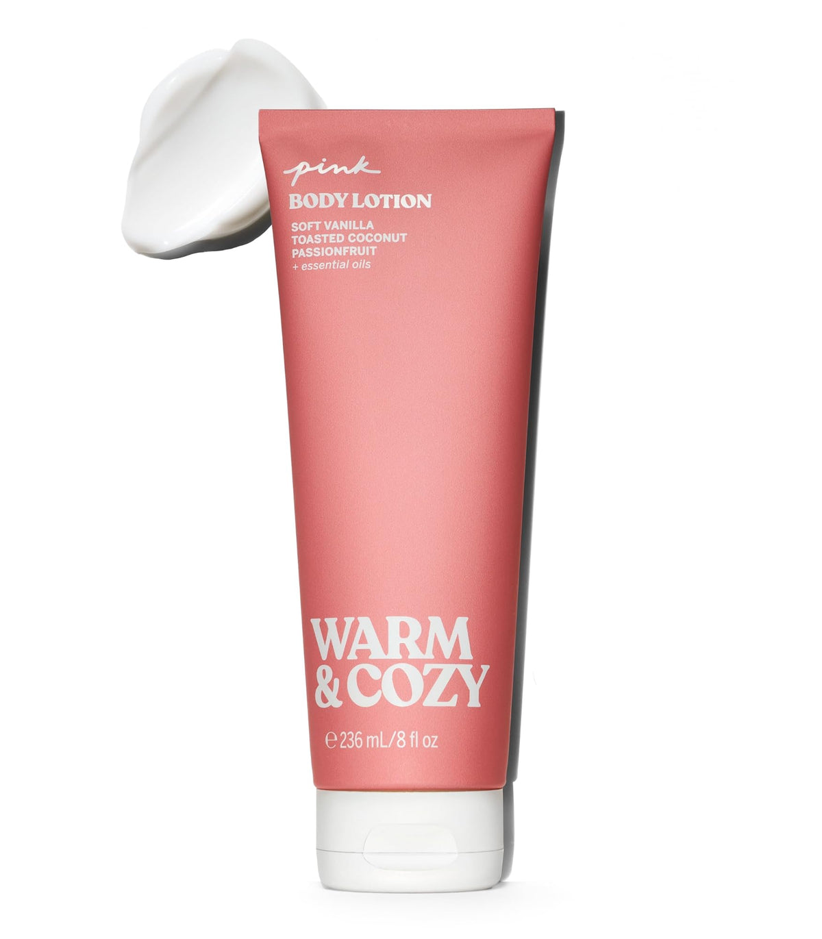 Victoria's Secret PINK Warm & Cozy lotion bottle with vanilla coconut aroma for daily fragrance.