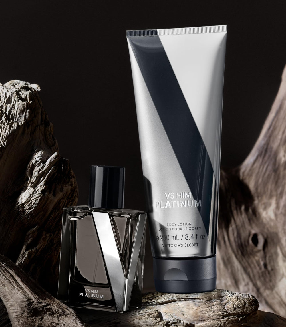 Victoria's Secret Platinum Him travel-ready trio display, featuring bottle, lotion, and bar.