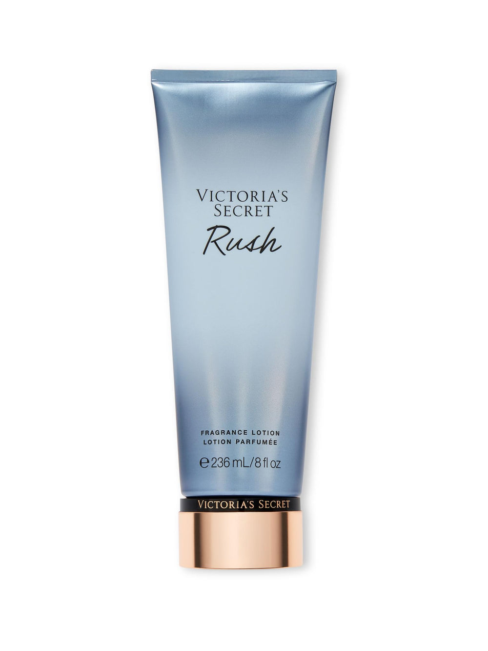 Victoria's Secret Rush Lotion bottle front with fast-absorbing, fruity gourmand scent.