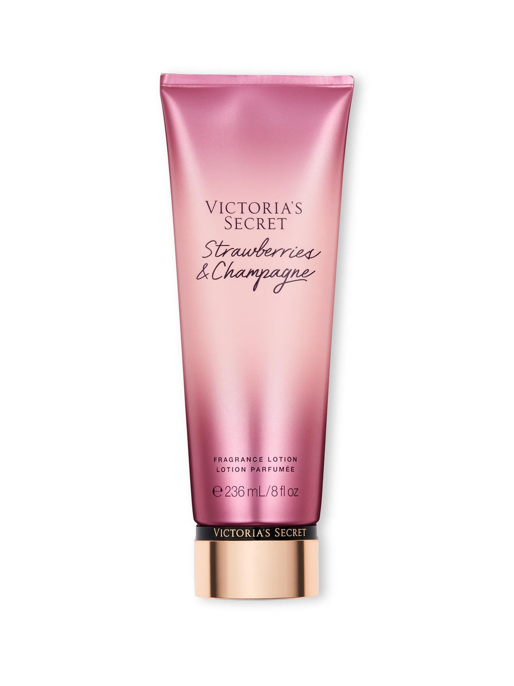 Victoria's Secret Strawberries & Champagne lotion bottle delivers light hydration with a fruity-floral scent.