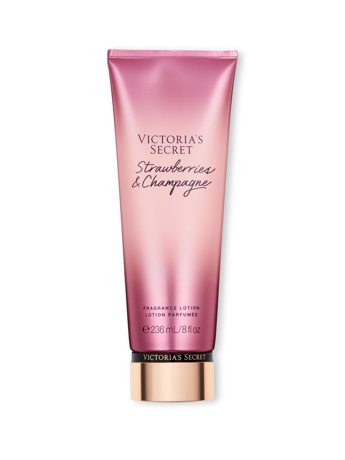 Victoria's Secret Strawberries & Champagne lotion bottle delivers light hydration with a fruity-floral scent.