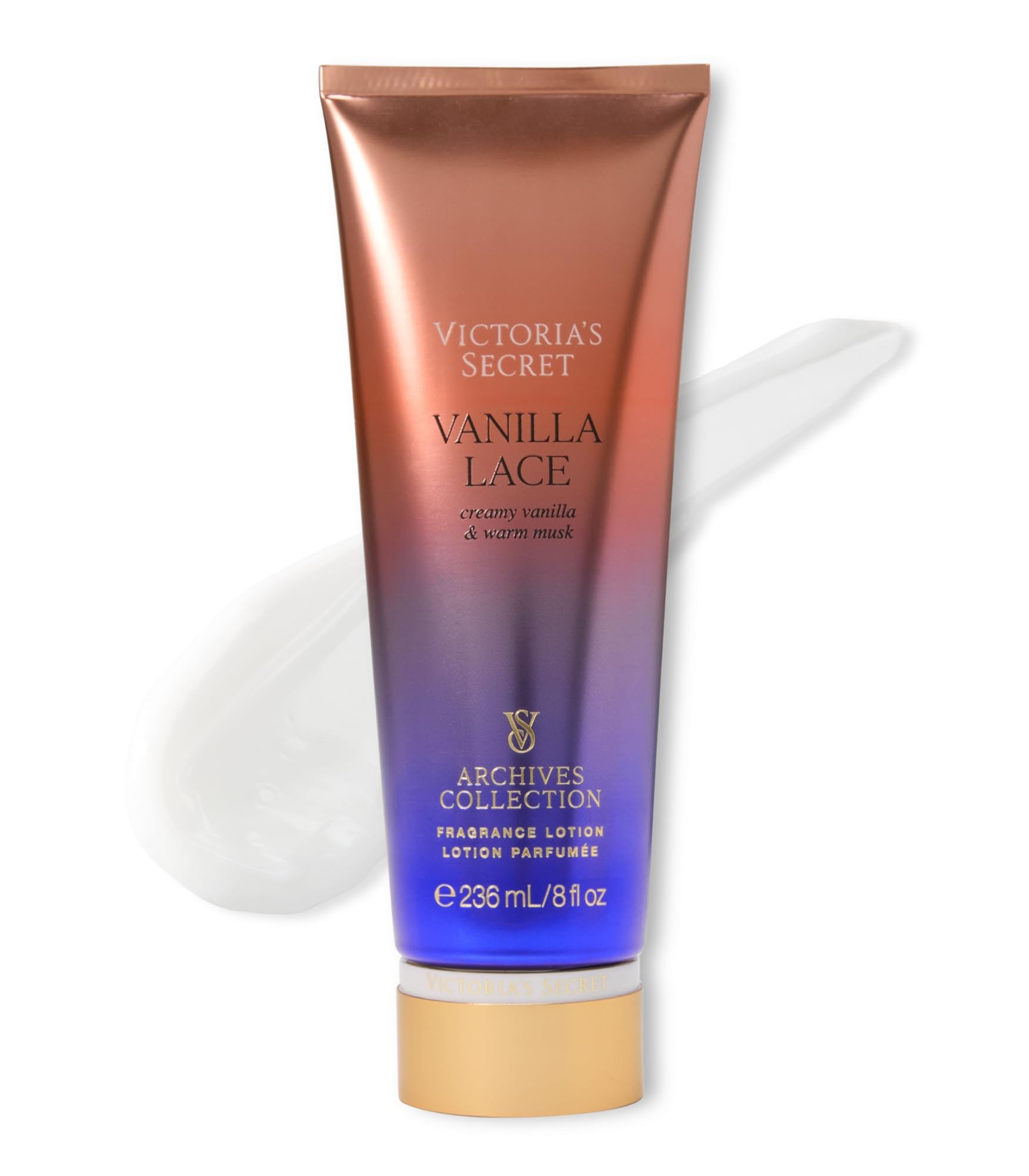 Victoria's Secret Vanilla Lace lotion bottle showcasing creamy vanilla for a warm musk.