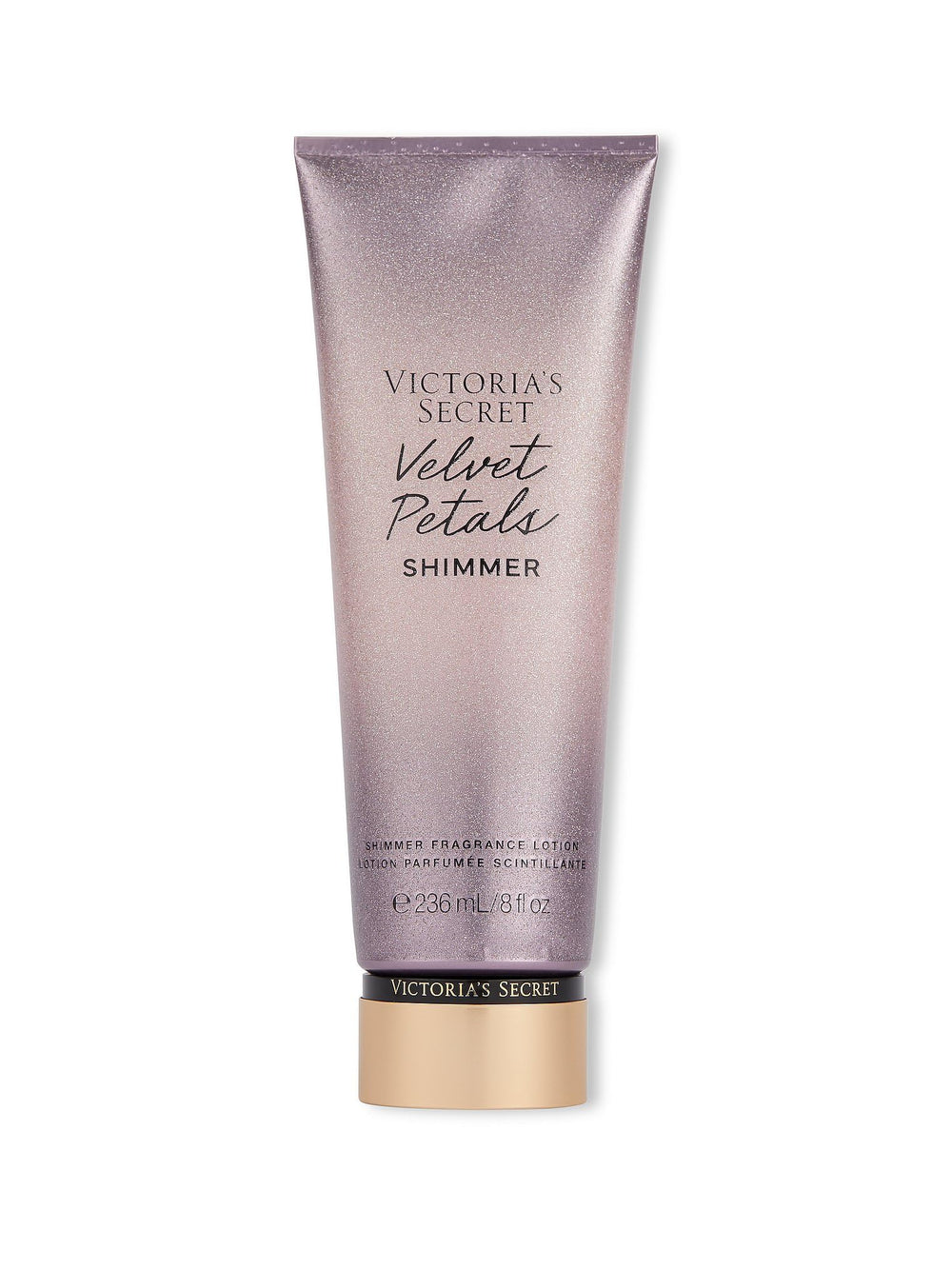 Victoria's Secret Velvet Petals Shimmer Lotion bottle showing glossy moisturizing formula