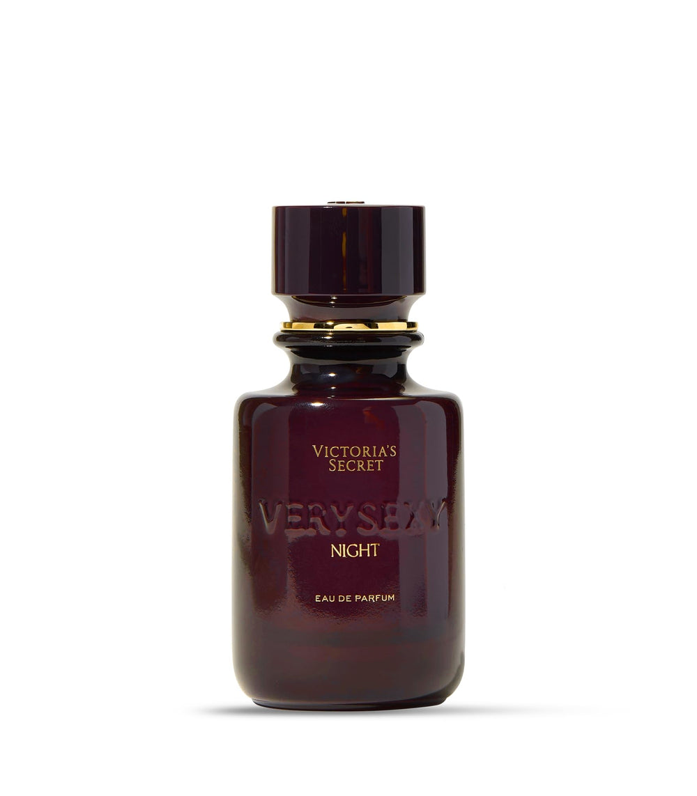 Victoria's Secret Very Sexy Night bottle closeup emphasizes elegant design and lasting scent.