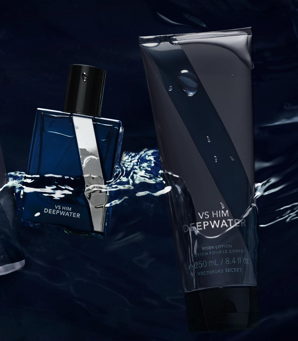 Victoria's Secret VS Him Deepwater lotion being massaged into skin for lasting softness.