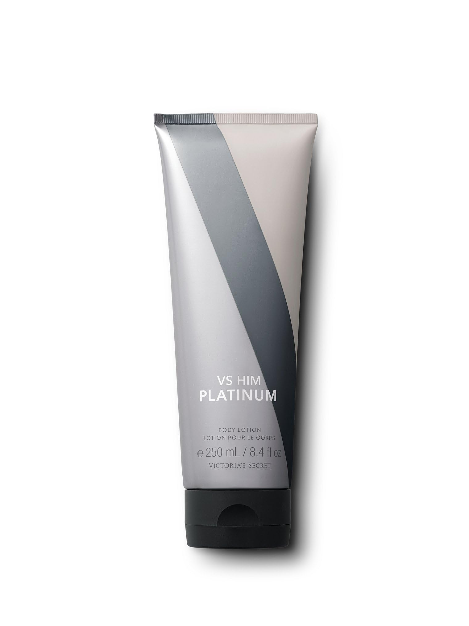 Victoria's Secret VS Him Platinum body lotion front bottle shows a sleek masculine design for daily use