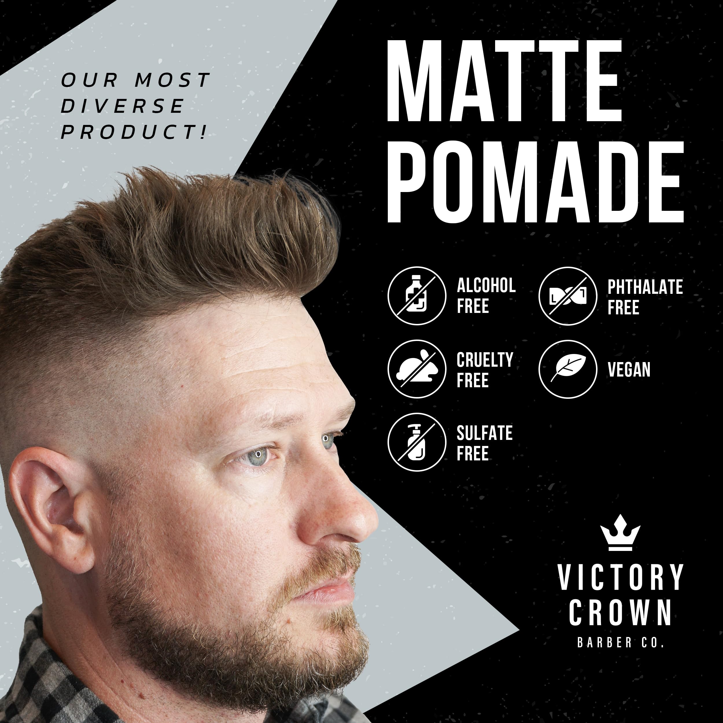 Victory Crown Matte Pomade jar front view ideal for achieving natural texture and hold.