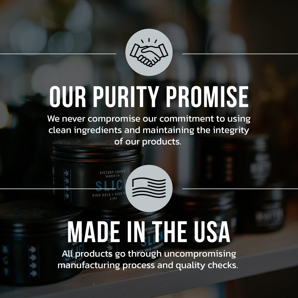 Victory Crown Matte Pomade tin closeup highlights water-soluble formula for easy washout.