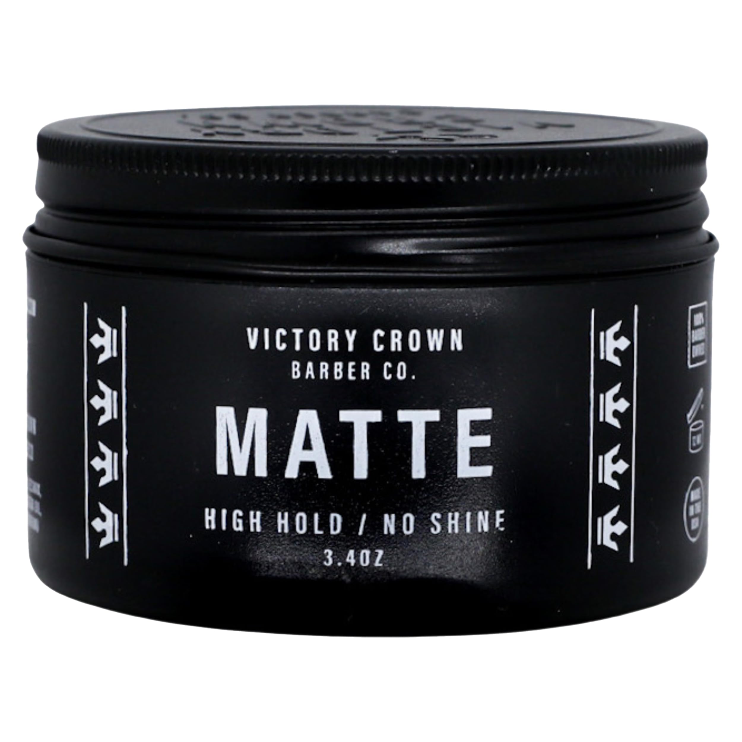 Victory Crown Matte Pomade tub open showing a natural matte finish for everyday style.
