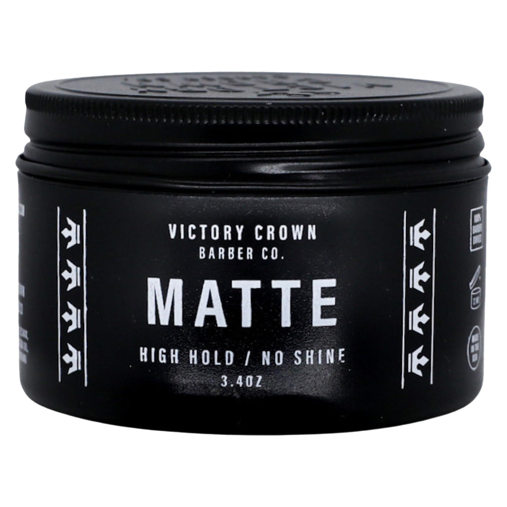 Victory Crown Matte Pomade tub open showing a natural matte finish for everyday style.
