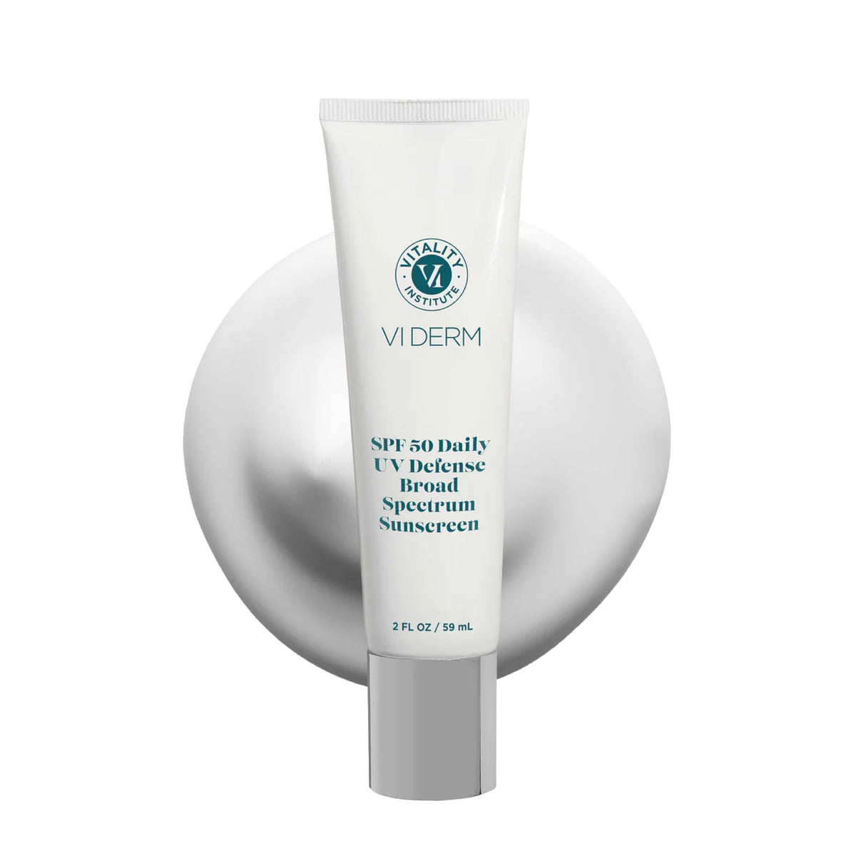VI Derm SPF 50 daily-uv-defense bottle shown for face and body sun protection.