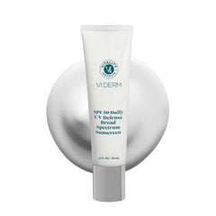 VI Derm SPF 50 daily-uv-defense bottle shown for face and body sun protection.
