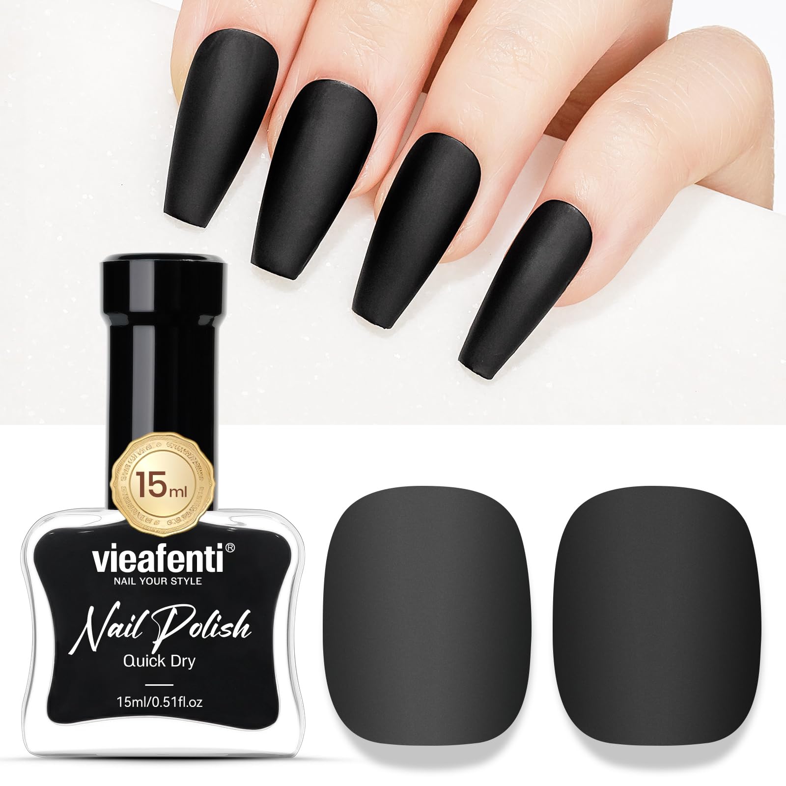 Vieafenti 15ml matte black nail polish with quick-dry formula for fast at-home applications.