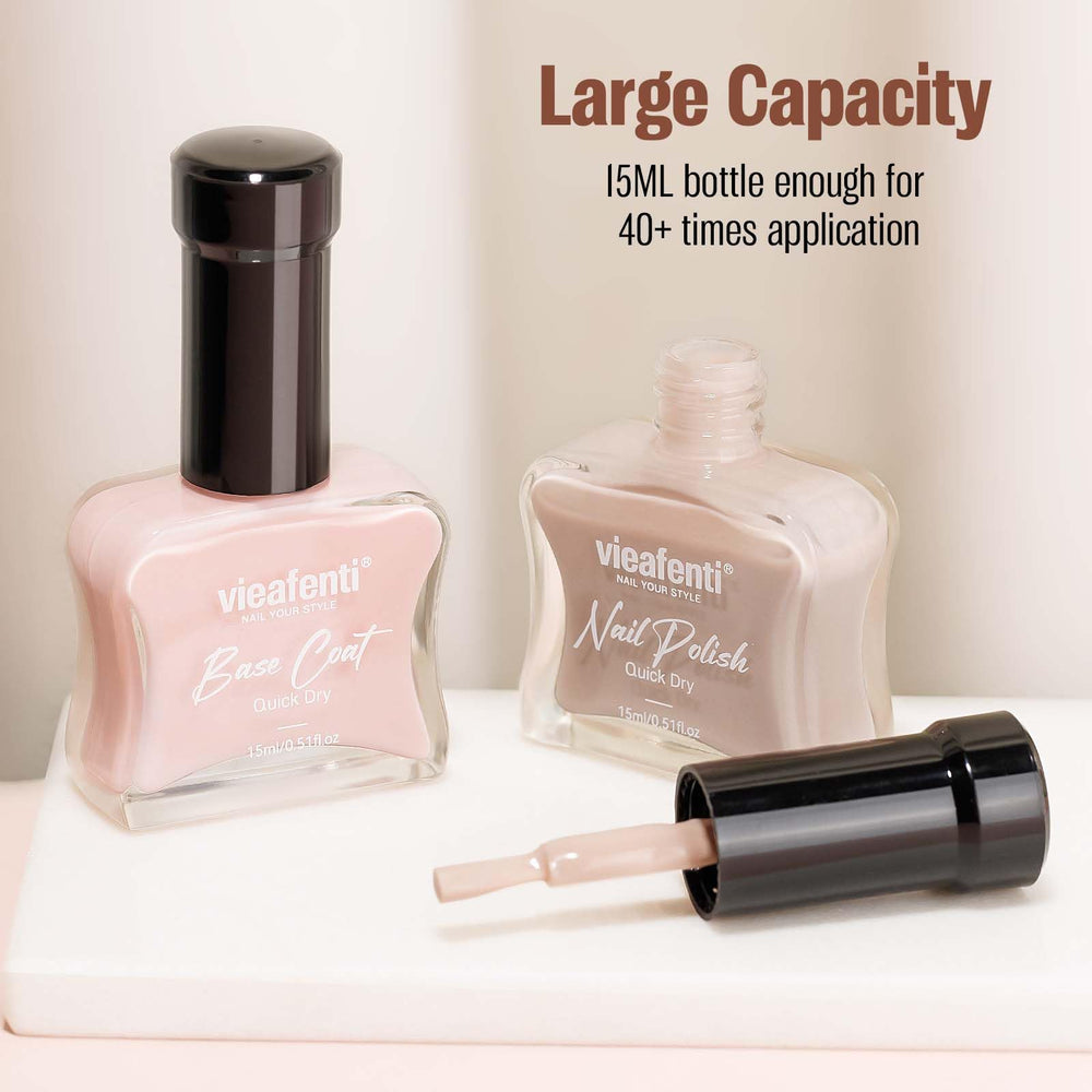 Vieafenti Matte Nude nails on hand with base and top coat for longer wear.