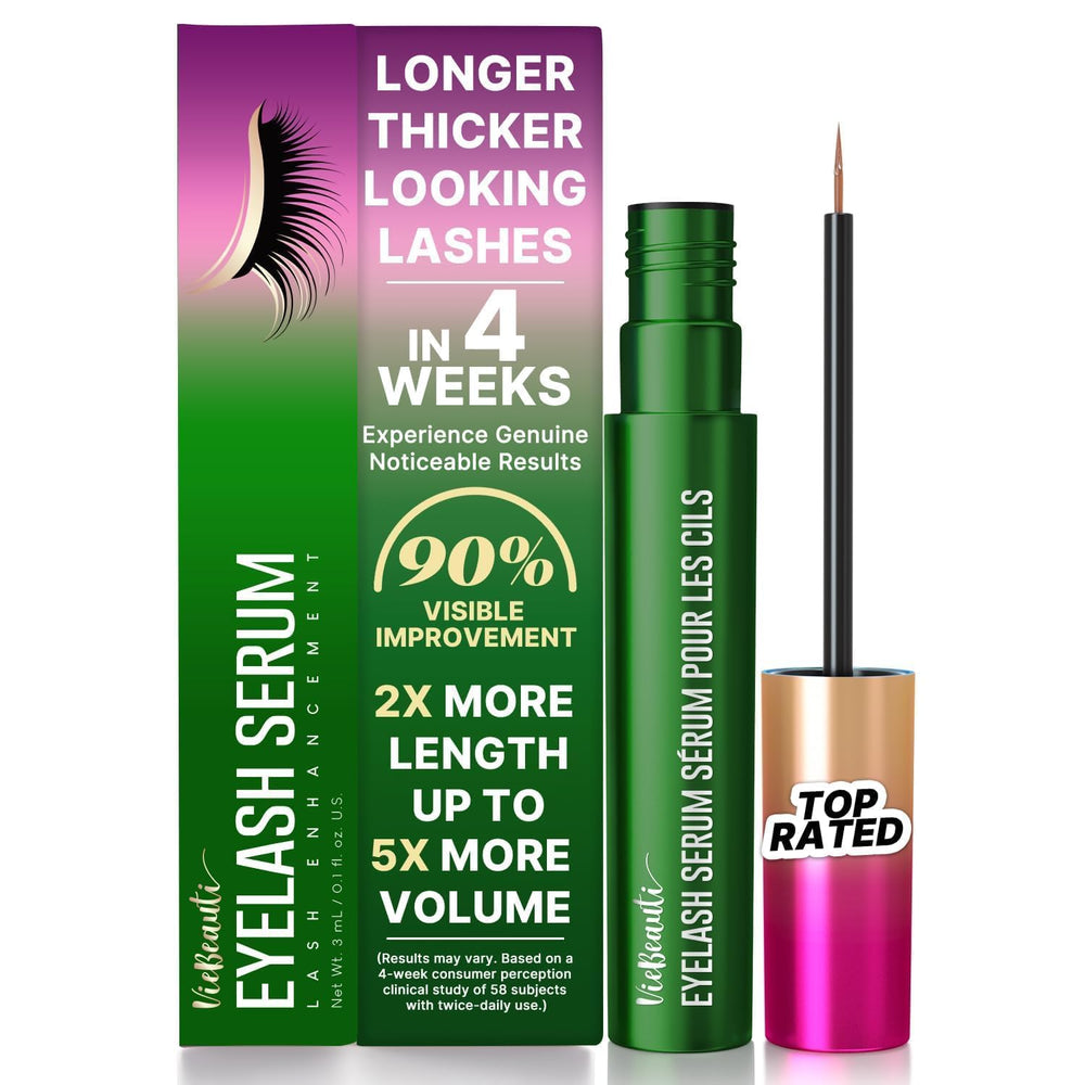 VieBeauti eyelash serum bottle applied along upper lash line for daily conditioning