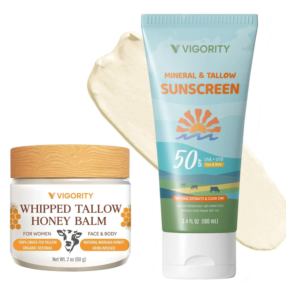 Vigority Beef Tallow Sunscreen packaging highlighting natural SPF 50 protection