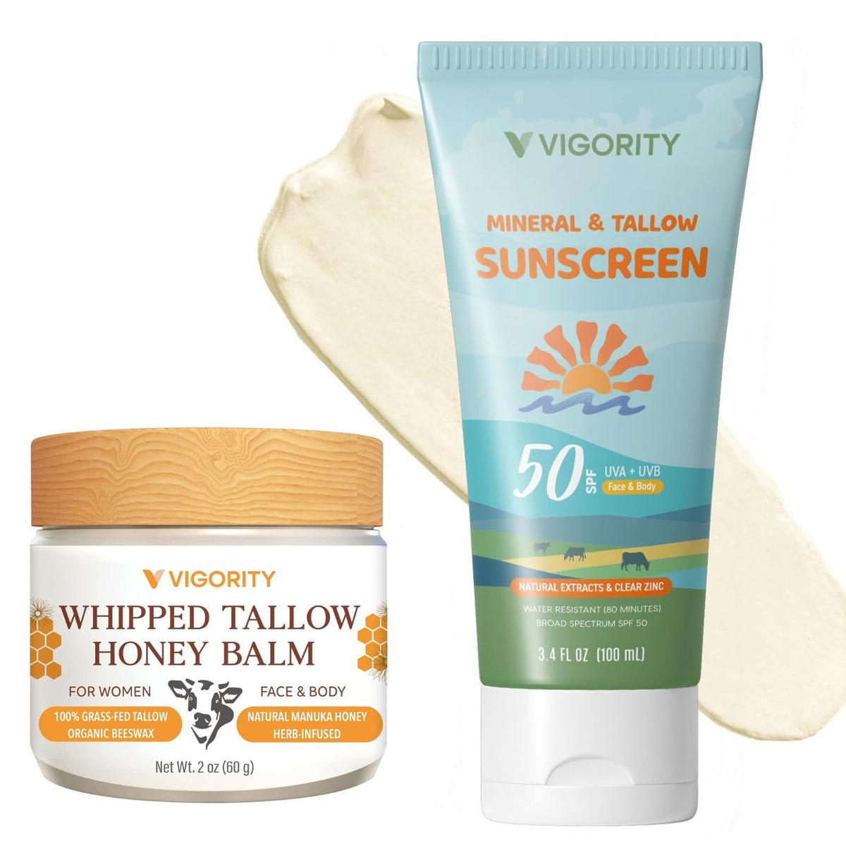 Vigority Beef Tallow Sunscreen packaging highlighting natural SPF 50 protection