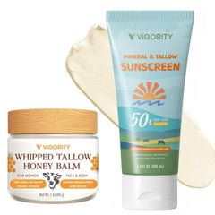 Vigority Beef Tallow Sunscreen packaging highlighting natural SPF 50 protection