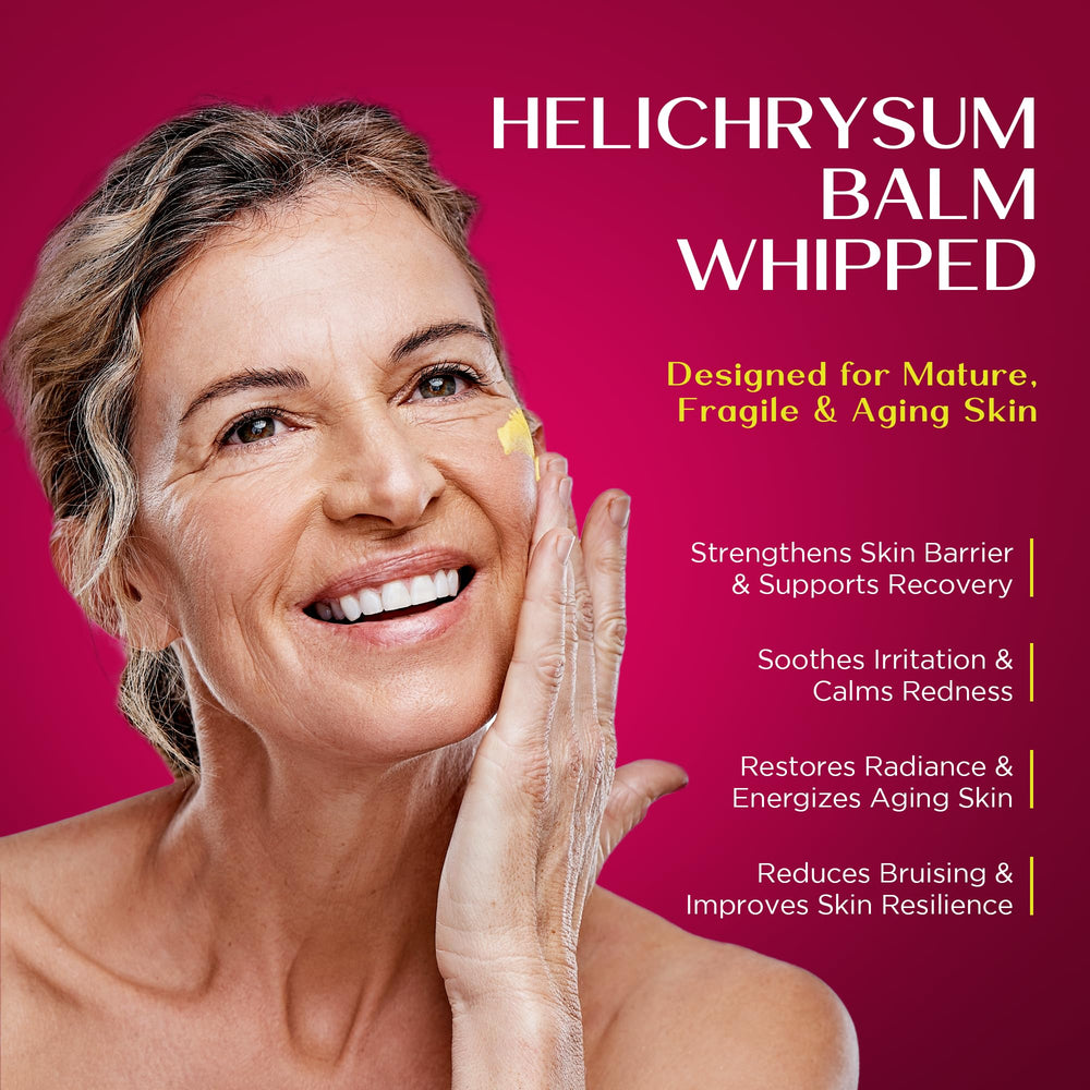 Vigority Helichrysum Balm being applied to skin for soothing moisture.