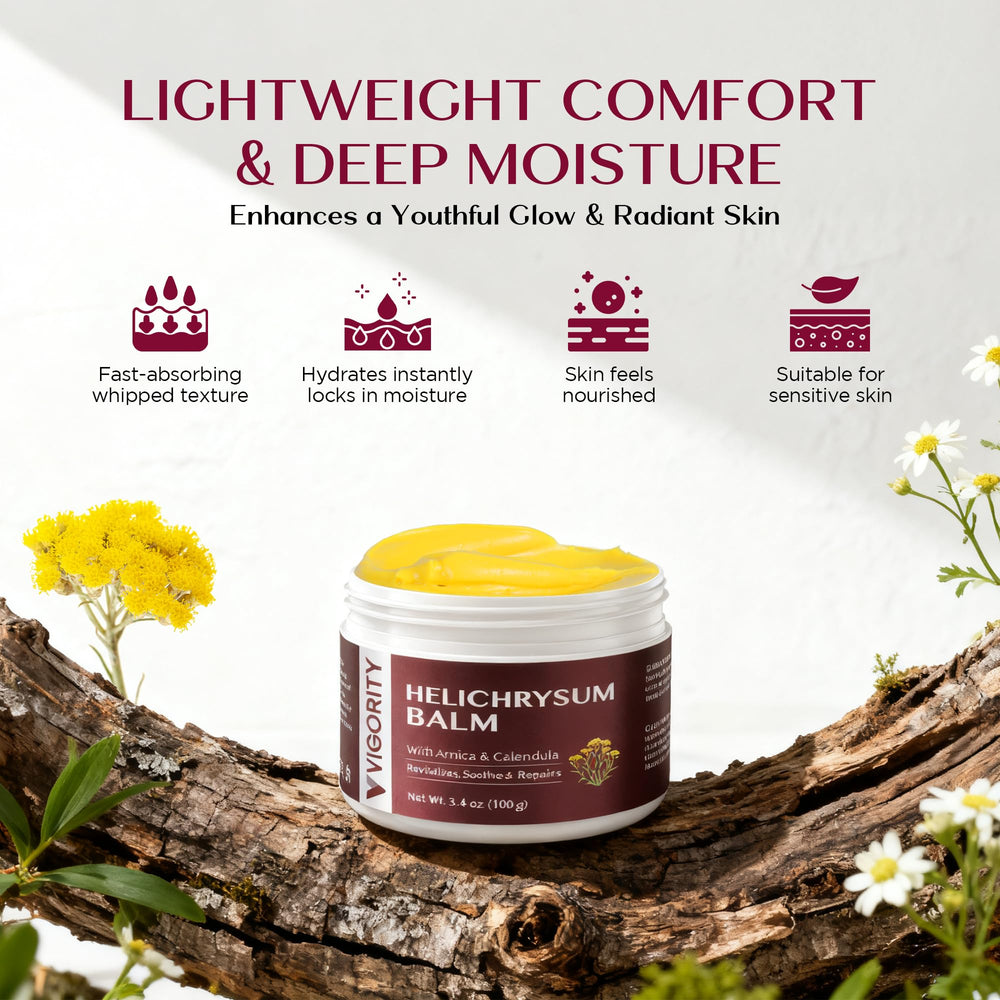 Vigority Helichrysum Balm on face with soft glow after application.