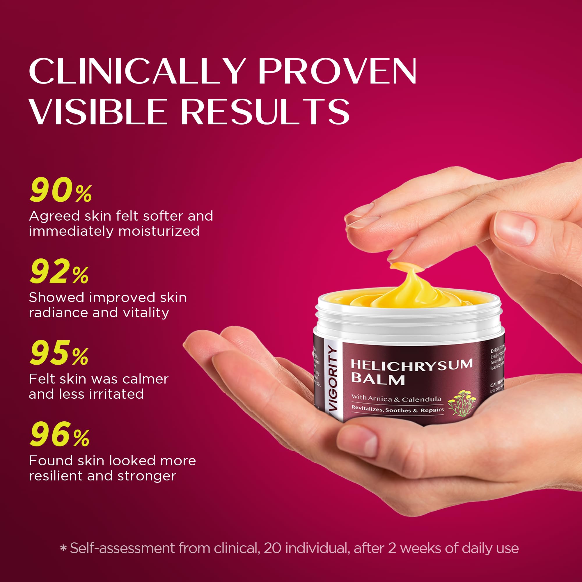 Vigority Helichrysum Balm packaging and label on display.