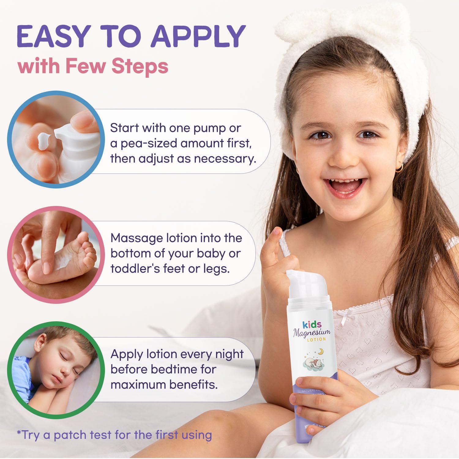 Vigority magnesium lotion baby massage panel suggesting gentle, comforting touch before sleep.