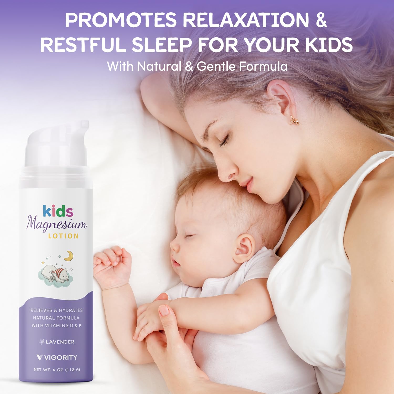 Vigority magnesium lotion lavender oil drops highlighting soothing lavender for evenings.