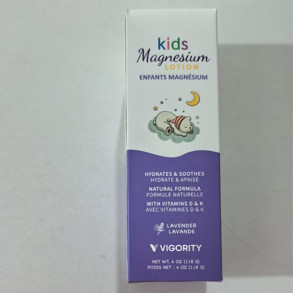 Vigority magnesium lotion natural ingredients board emphasizing clean, child-friendly formula.