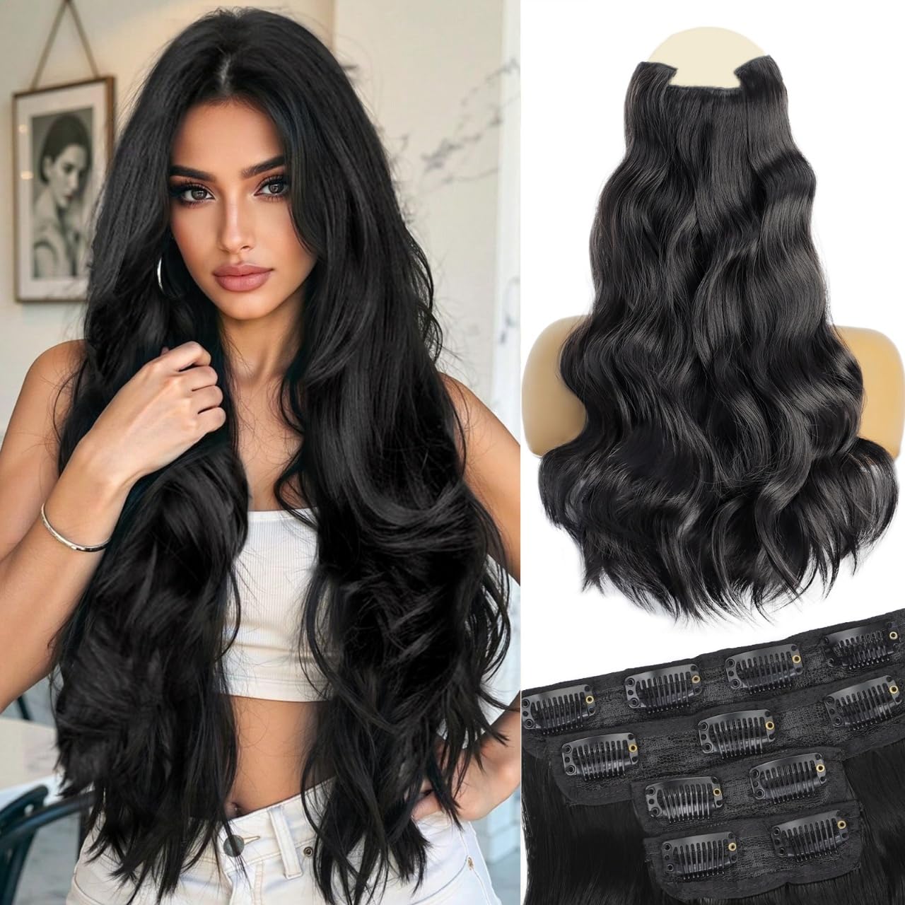 Vigorous clip-in extensions in black with seamless 24-inch lace weft for natural blend