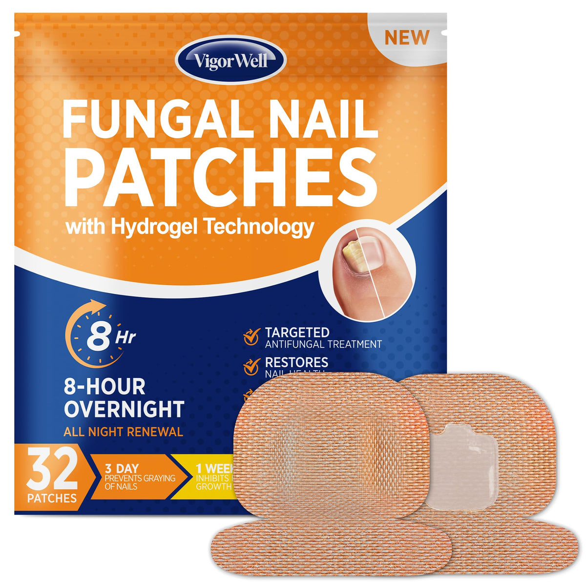 VigorWell toenail fungus patch pack showing 32 hydrogel patches for discreet daily use.