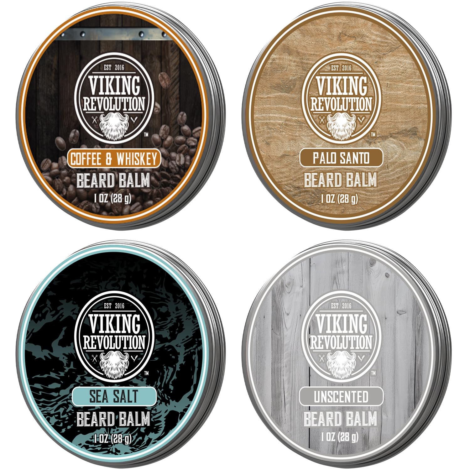 Viking Revolution beard balm Coffee & Whiskey jar for conditioning and shaping a smooth beard all day.