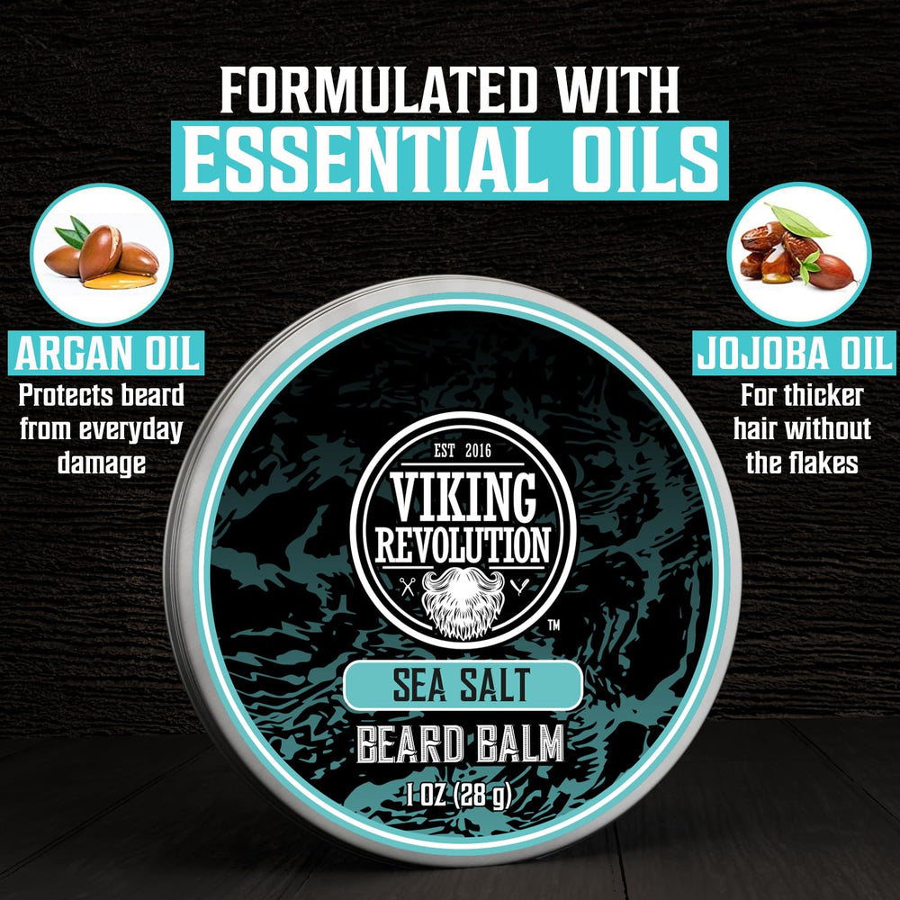 Viking Revolution beard balm Sea Salt jar offers hold and lightweight conditioning.