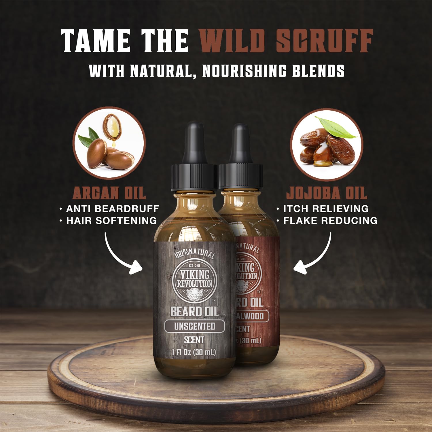 Viking Revolution beard oil application showing hands applying drops for easy distribution.