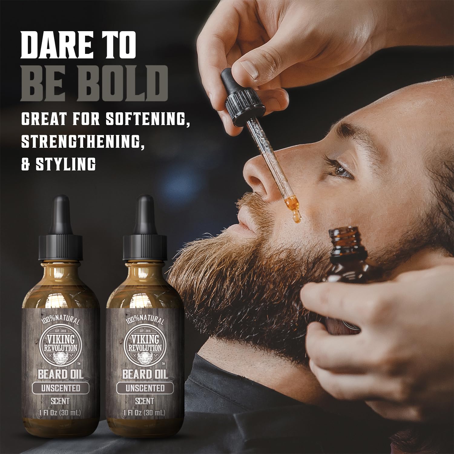Viking Revolution beard oil bottle being poured for quick conditioning and easy use.