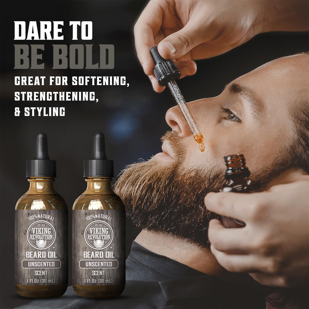 Viking Revolution beard oil bottle being poured for quick conditioning and easy use.