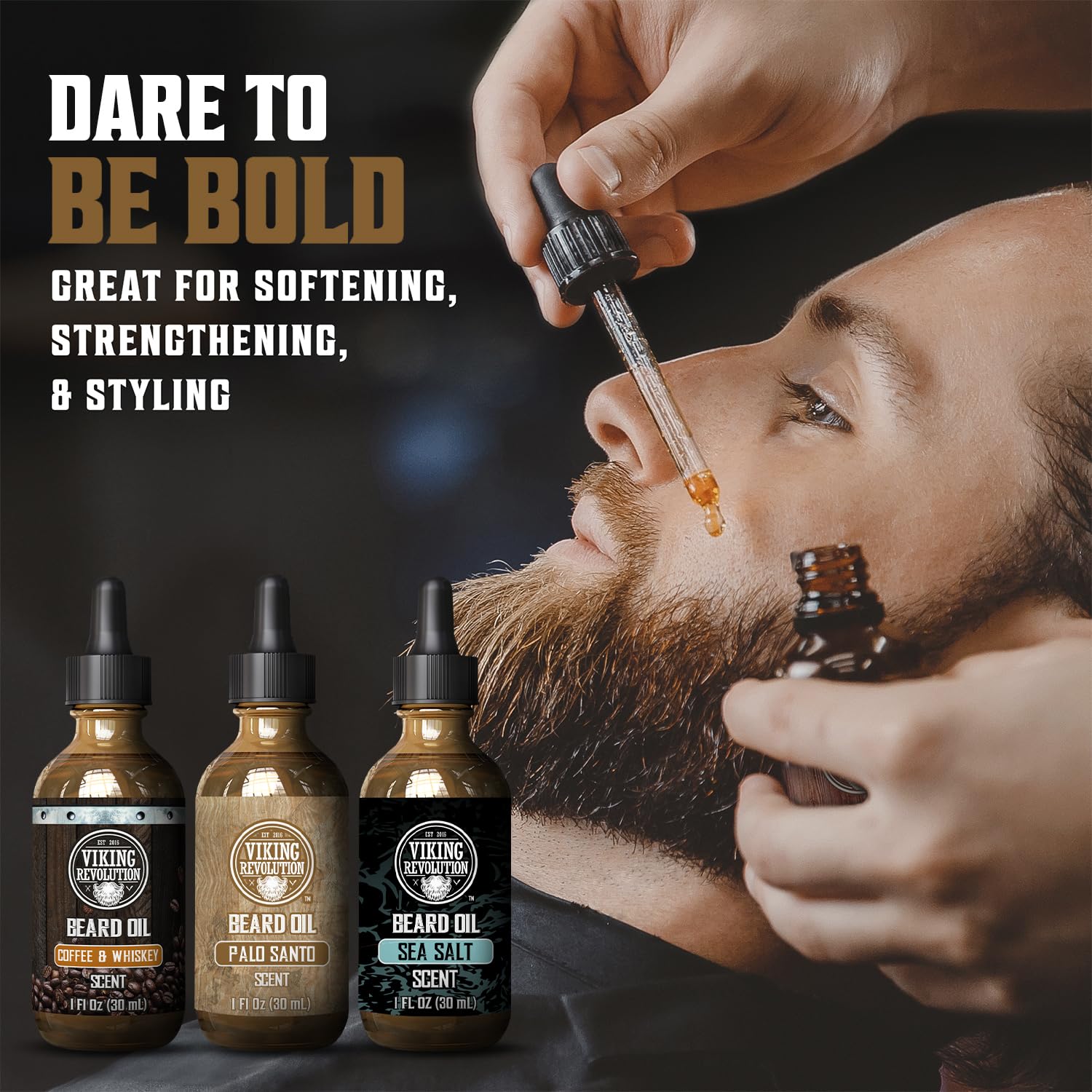 Viking Revolution Palo Santo beard oil close-up highlighting natural conditioning and shine